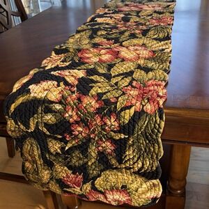 Floral and Striped Reversible Quilted Table Runner Scalloped Edge Black Multi